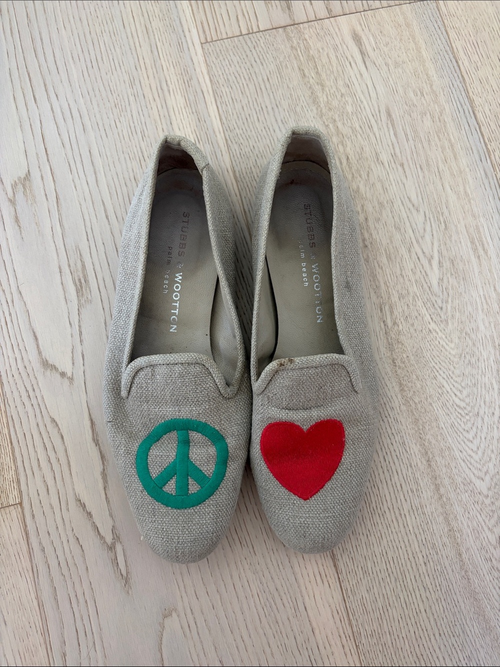 RARE Stubbs & Wootton Beige Canvas Loafers with Red Heart & Green Peace Patch